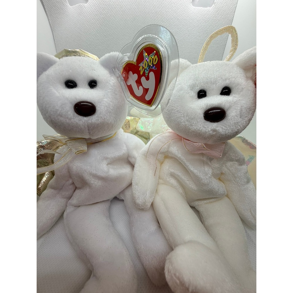 Ty Beanie Babies Halo and Halo II Angel Bear Set White Plush 1998 2000 Tags